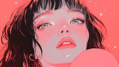 Digital painting close-up portrait in vibrant coral palette.