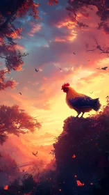 Silhouetted Rooster Perched on Rocky Outcrop at Sunset.