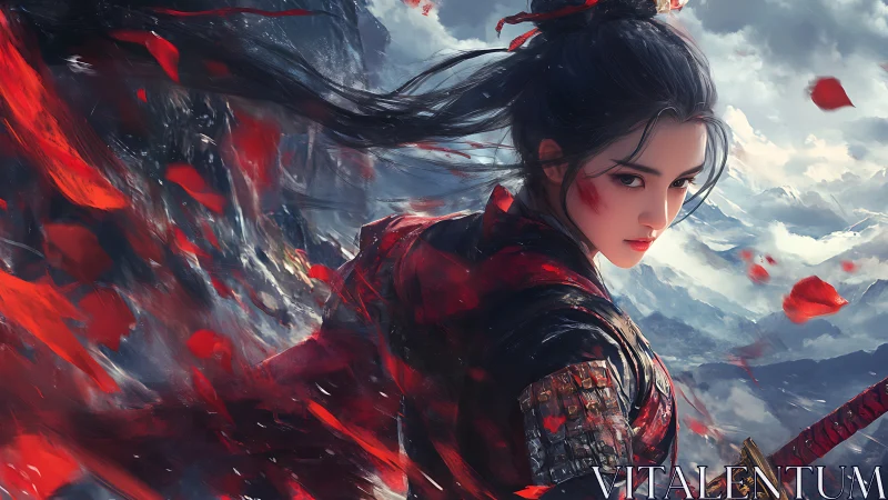 Scarlet warrior turns amid stormy peaks and swirling petals