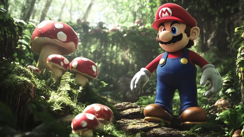3D plumber character stands in lush forest with toadstools