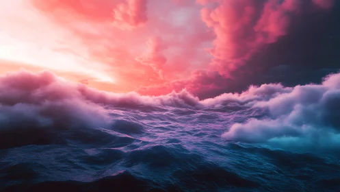 Neon-tinted ocean waves meet volumetric clouds at twilight