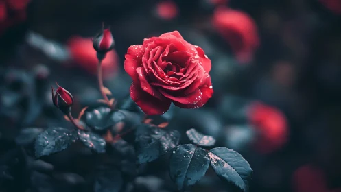 Red Rose with Dew Drops in Soft Focus.