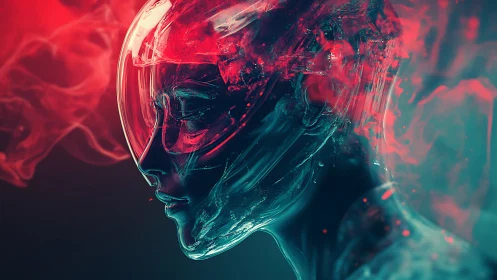 Transparent humanoid profile shows glass-like head in smoke