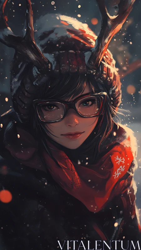 Winter-slick antlers crown a quiet girl of embered snow