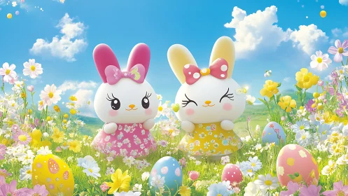 Cartoon rabbit figures in floral meadow with painted eggs.