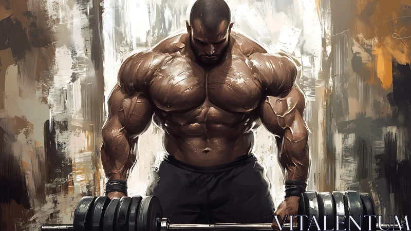 Digital painting shows muscular man preparing to lift barbell