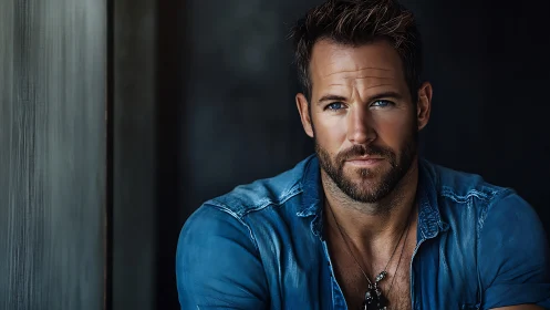 Steady blue-eyed gaze in relaxed denim and soft light.