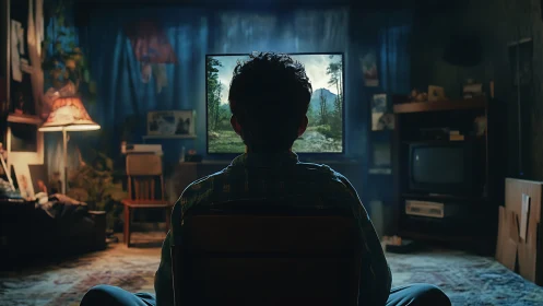 Solitary viewer watches glowing TV in dim retro room.