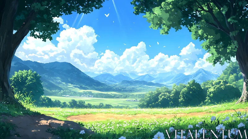 Sunlit mountain valley framed by trees and wildflowers.