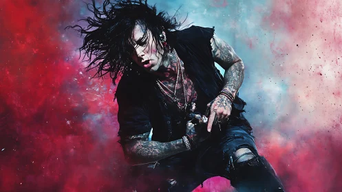 Tattooed rock performer in motion against color smoke.