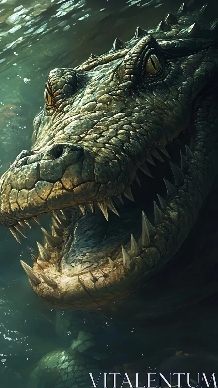 River dragon grins through green water with razored patience