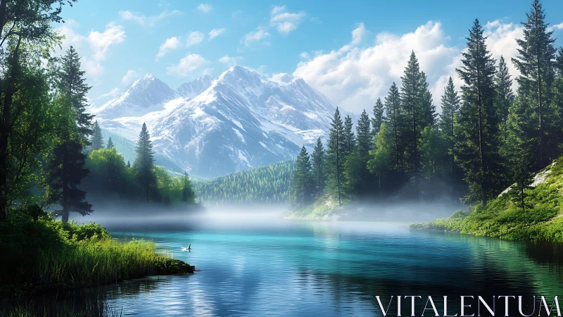 Turquoise mountain lake mirrors snow peaks and pines.