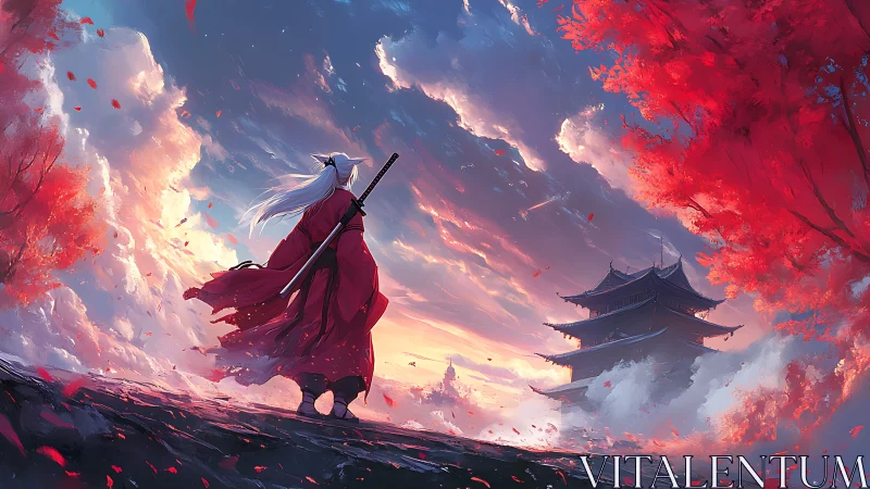 Scarlet wanderer strides toward dawn-lit mountain temple.