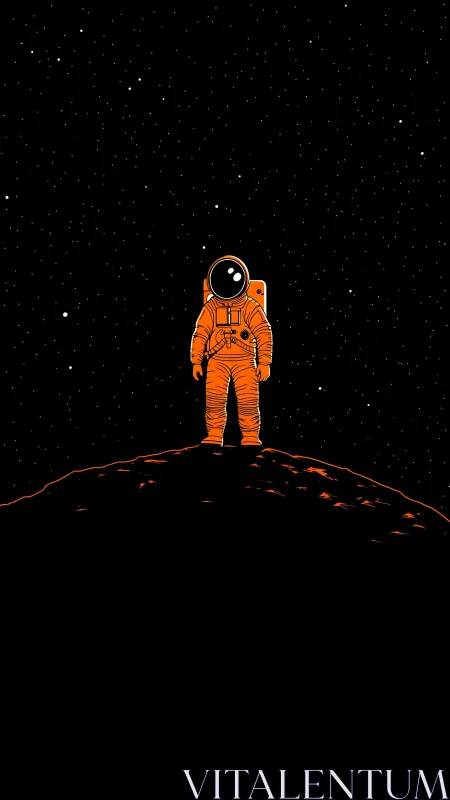 Lonely orange astronaut quietly crowns a silent alien hill
