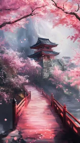 Bridged ascent to a mist-veiled sakura mountain pagoda.