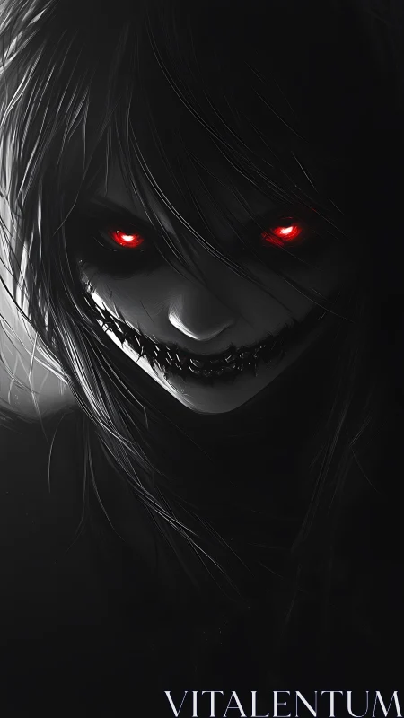 Midnight demon grin with burning red hunter eyes.