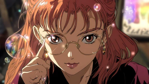 Glowing anime girl adjusts glasses among sparkling bubbles