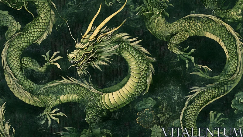 Ornate Emerald Dragon Scroll in Dynamic Lateral Composition.