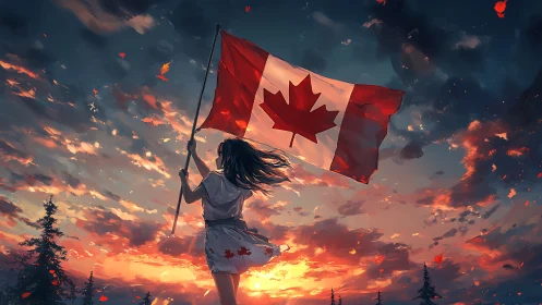 Figure holds Canadian flag against digitally rendered sunset sky