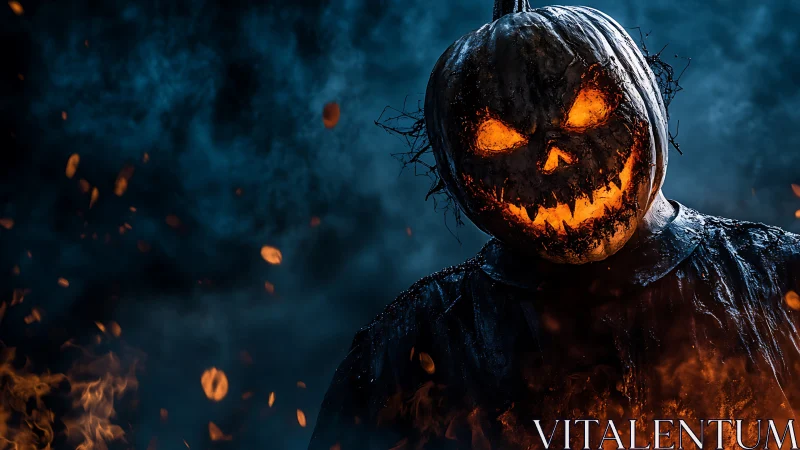 Cinematic jack-o-lantern scarecrow in fiery blue haze portrait.
