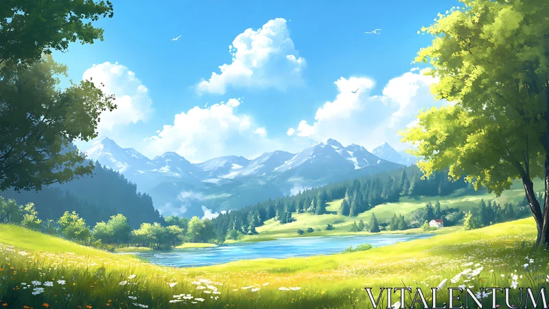 Digital painting landscape with alpine lake and bright meadow.