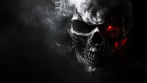 Smoky silver skull emerges from darkness with fierce red glow