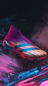 Neon gradient football boot glows over reflective chrome field.