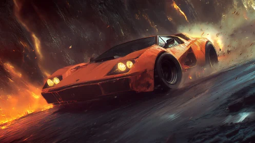 Orange supercar drifts through molten canyon inferno.