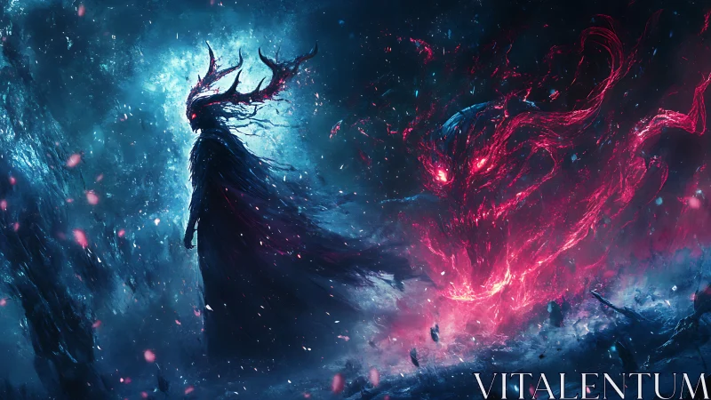 Shadowed sorcerer confronts blazing demon in a cosmic storm.