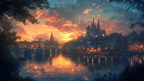 Medieval riverside city glows under vivid sunset sky