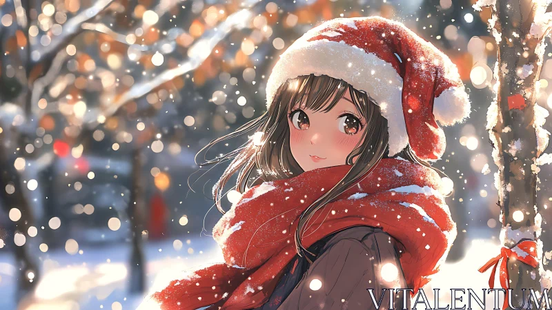 Snow-lit anime portrait uses bokeh depth and warm rim lighting