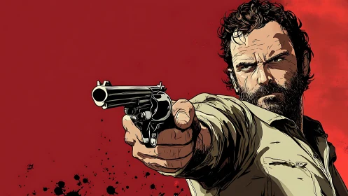 Illustrated bearded gunman aiming revolver on red backdrop