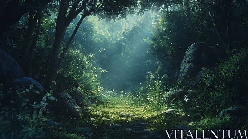 Forest canyon with dramatic sunlight filtering through dense canopy