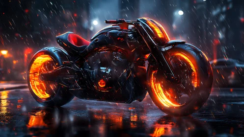 Futuristic motorcycle with glowing wheels in wet night street.