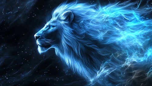 Glowing blue lion head rendered as flowing cosmic energy