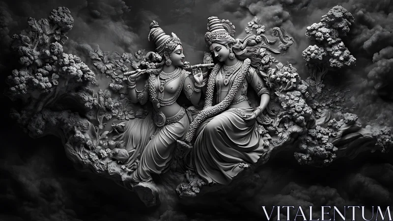 Graceful divine figures rest together in a dreamy carved cloud