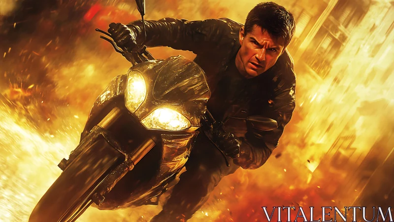 High-speed motorcycle escape blazing through city firestorm.