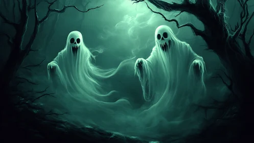 Whispering twin phantoms drift through a venom-green fog.