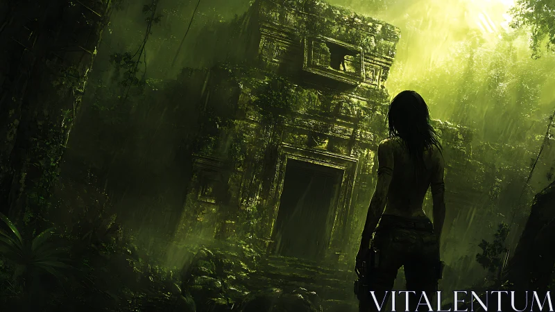 Jungle explorer confronts overgrown temple in toxic light.