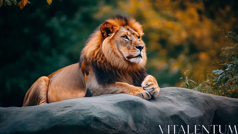 Golden-maned lion rests upon a stone throne at dusk.