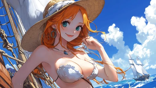 Redheaded sailor girl enjoys bright summer voyage at sea