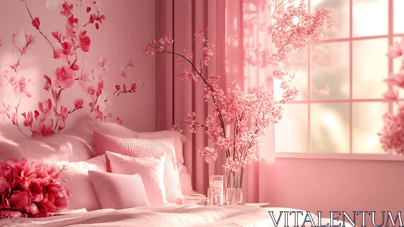 Soft pink bedroom retreat filled with gentle floral warmth.