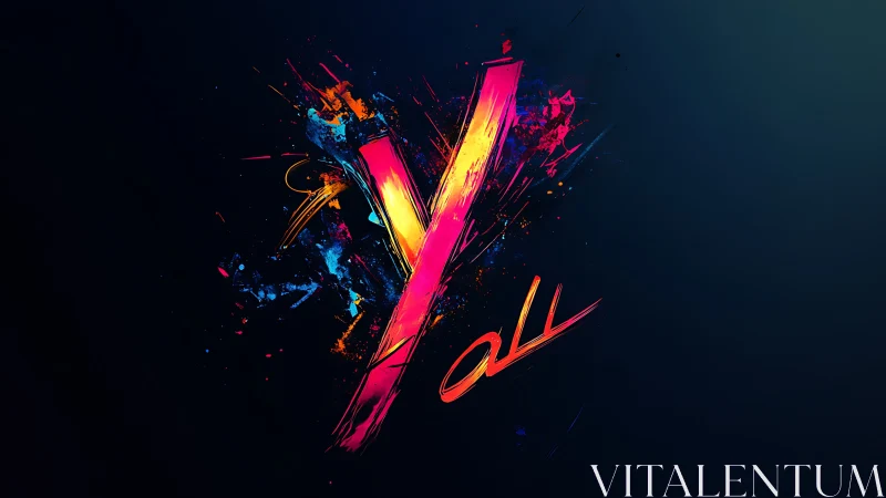 Neon graffiti text Y all on dark abstract splatter field.