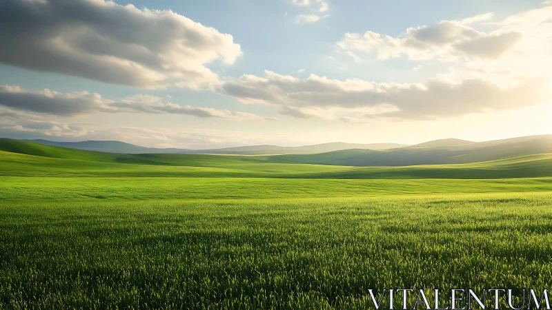 Green rolling hills under soft clouds at sunset light.