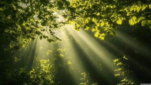 Morning sunbeams pour gently through a lush green forest