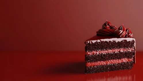 Layered Chocolate Cake Slice with Red Frosting Piping