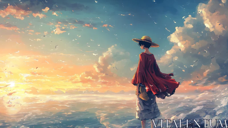 Straw-hatted dreamer weighs horizons beneath singing clouds