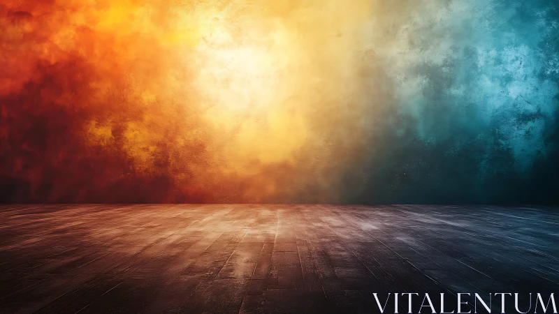 Empty wooden floor with warm to cool gradient wall backdrop.