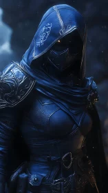Hooded armored rogue in dark fantasy cavern scene.