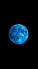 Luminous blue moon glows against a stark black void.